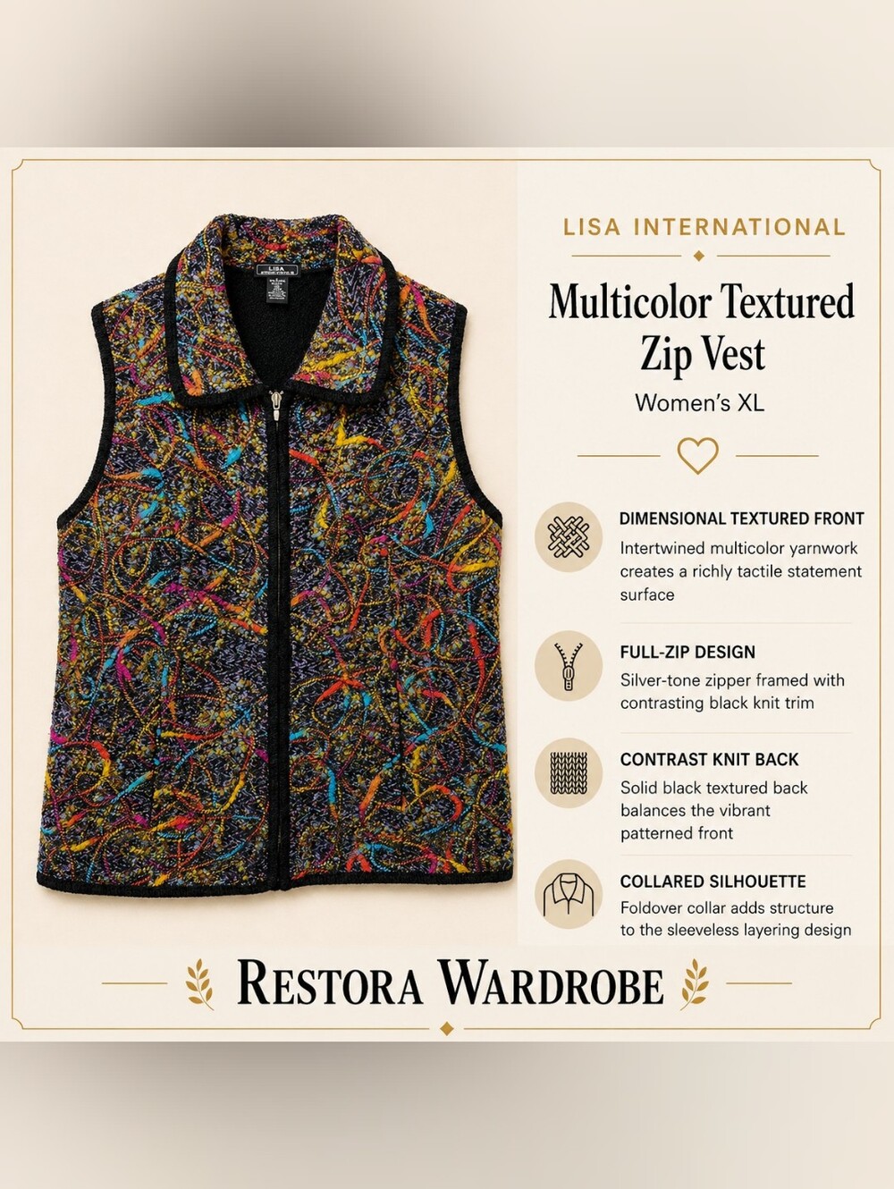 Lisa International Psychedelic Boho Vest XL Multicolor Textured Knit Zip Front